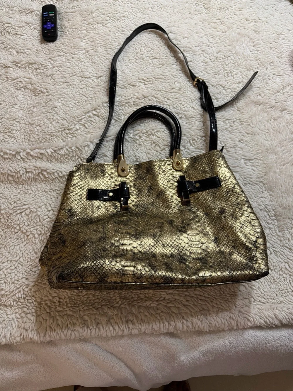 Gianni Bini Gold Snake-Texture Satchel Handbag with Black Accents